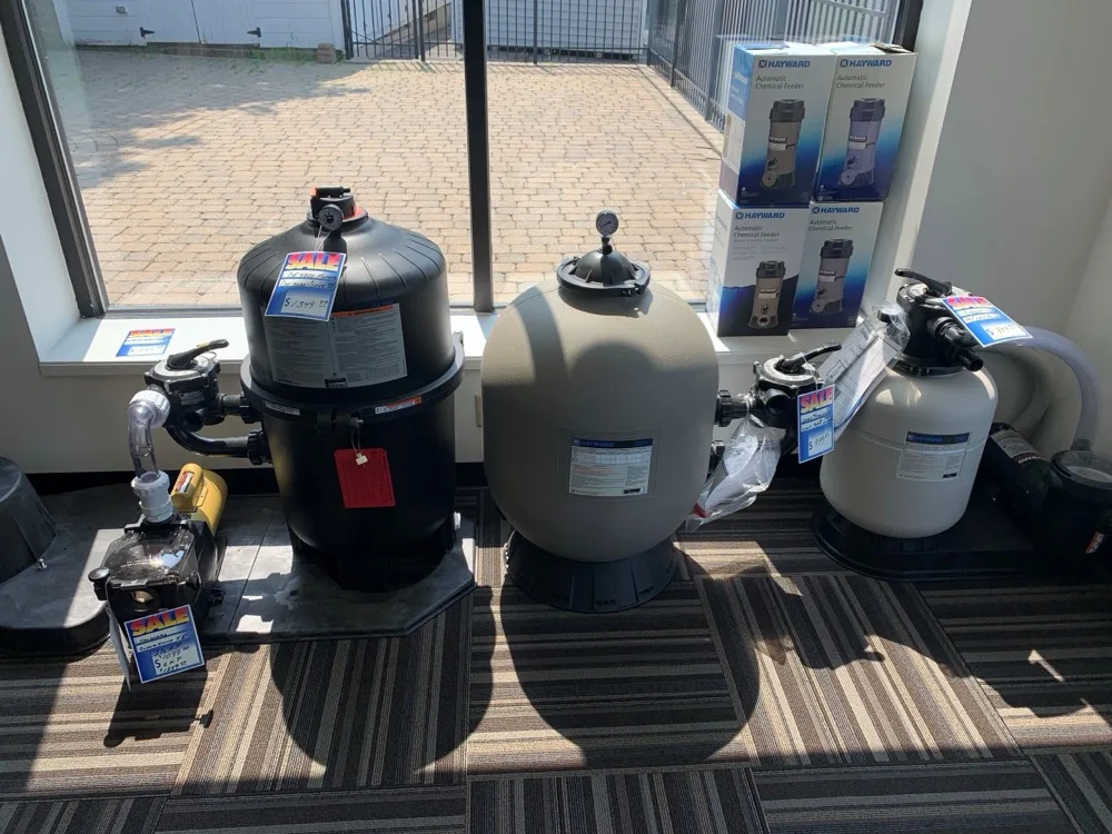 Pool filters and pumps on display in the Aqua Jett showroom